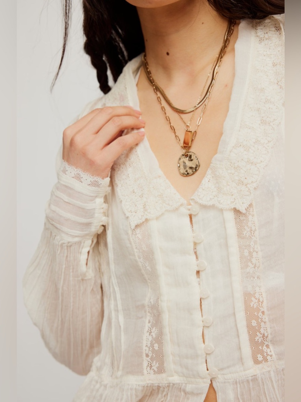 FP One ‘Elodie’ Edwardian Peplum Ruffle Lace Hem Blouse Top in Antique Ivory, L